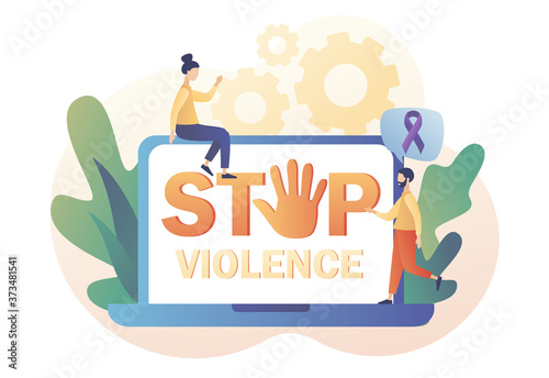 Stop violence text on screen laptop. International day for the elimination of violence against women. Purple ribbon as symbol domestic violence. Modern flat cartoon style. Vector illustration
