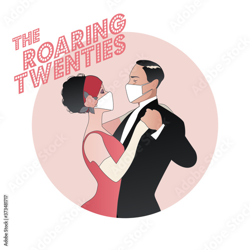 Roaring Twenties. Flapper girl and elegan man dancing, wearing retro clothes and face mask