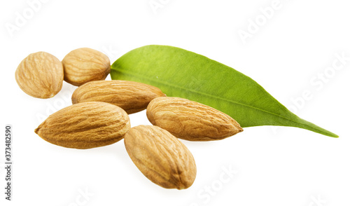 Almonds and a green leaf