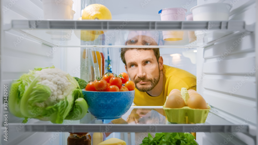 Inside Kitchen Fridge: Young Disappointed Man Looks inside the Fridge. Man  Found Nothing for His Snack Time. Point of View POV Shot from Refrigerator  full of Healthy Food Stock Photo by ©Gorodenkoff