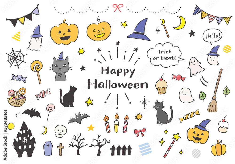 ハロウィンにまつわる手描きイラストセット カラー Stock Vektorgrafik Adobe Stock