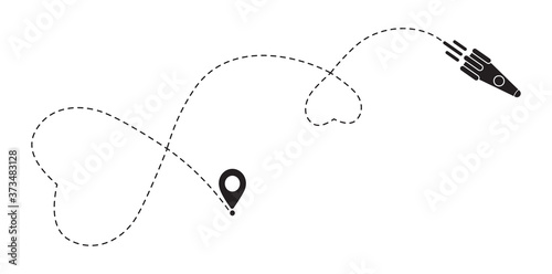 Love rocket route. Romantic travel, heart dashed line trace and cosmos routes. Heart shuttle path, flight air dotted love valentine day drawing isolated vector