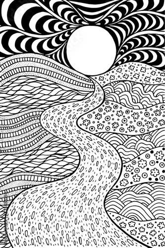 Psychedelic landscape. Coloring page for adults. Pathway in meadows and waves. Seaside illustration. Doodle drawing. Vector artwork