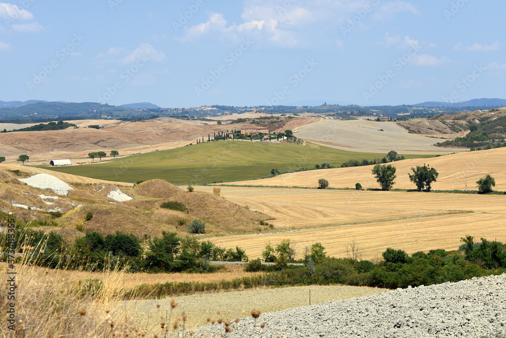 Panorama der Crete Senesi mit hellen Feldern  und weitem Horizont
