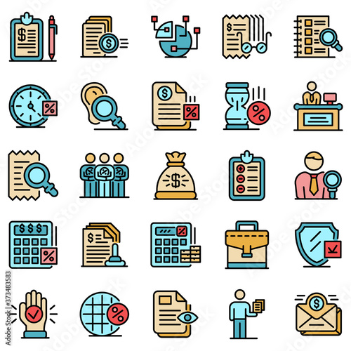 Tax inspector icons set. Outline set of tax inspector vector icons thin line color flat on white