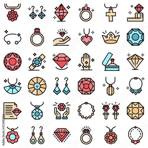 Jeweler icons set. Outline set of jeweler vector icons thin line color flat on white