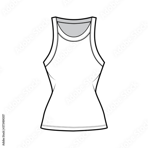 Cotton-jersey racer-back tank technical fashion illustration with fitted body, wide scoop neckline. Flat outwear cami apparel template front, white color. Women men unisex shirt top CAD mockup