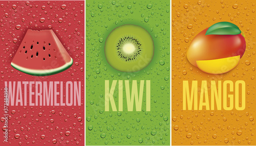 many fresh juice drops background with watermelon, kiwi, mango