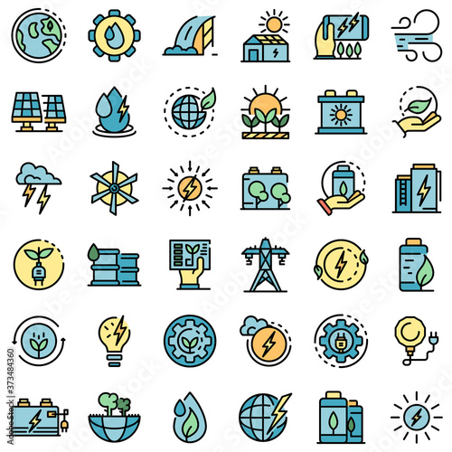 Clean energy icons set. Outline set of clean energy vector icons thin line color flat on white