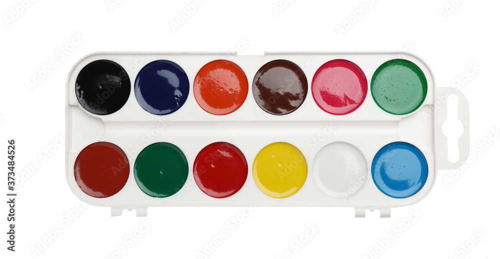 Plastic watercolor palette isolated on white, top view. School stationery