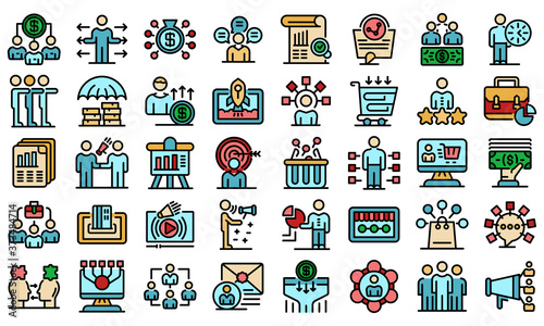 Affiliate marketing icons set. Outline set of affiliate marketing vector icons thin line color flat on white