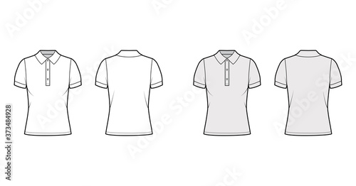Polo shirt technical fashion illustration with cotton-jersey short sleeves, oversized, buttons along the front. Flat outwear apparel template front, back, white grey color. Women men unisex top mockup