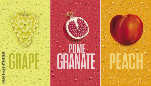 Drinks and juice background with drops and grape, pomegranate, mango