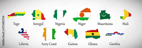 Set of West Africa country maps with flags isolated on gray background, vector illustration