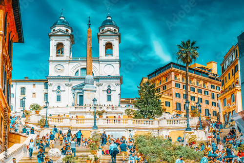 ROME, ITALY - MAY 10, 2017 : Spanish Steps (Scalinata di Trinita dei Monti), Obelisco Sallustiano on Spanish Steps Square(Piazza della Trinita dei Monti) with tourists. photo