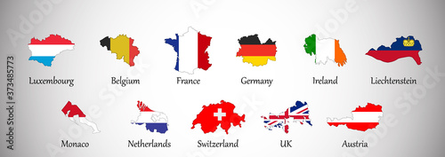 Set of Western Europe country maps with flags isolated on gray background, vector illustration