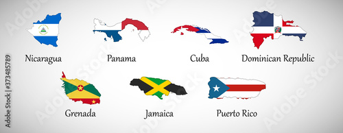 Set of North America country maps with flags isolated on gray background, vector illustration
