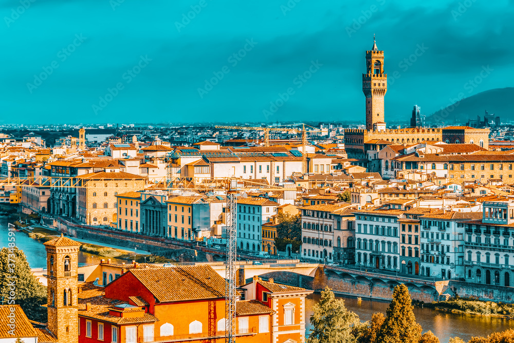 Fototapeta premium Palace Vecchio (Palazzo Vecchio) in Piazza della Signoria, built in 1299-1314 ,one of the most famous buildings of the city. Italy.