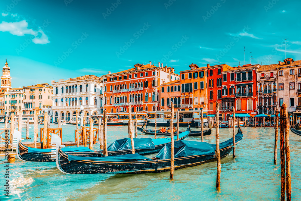VENICE, ITALY - MAY 12, 2017 :Views of the most beautiful canal of Venice - Grand Canal water streets, boats, gondolas, mansions along. Italy.