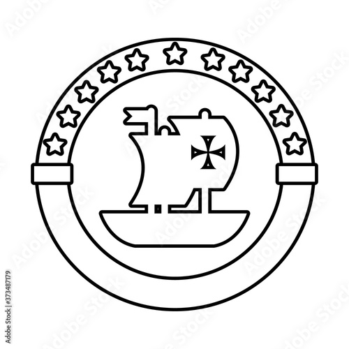seal stamp with caravel ship columbus day line style icon