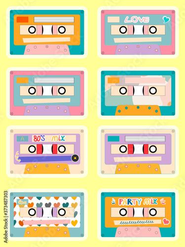 Retro vintage tape cassettes set. Hand-drawn illustrations. 80 s  Love  party mix music.