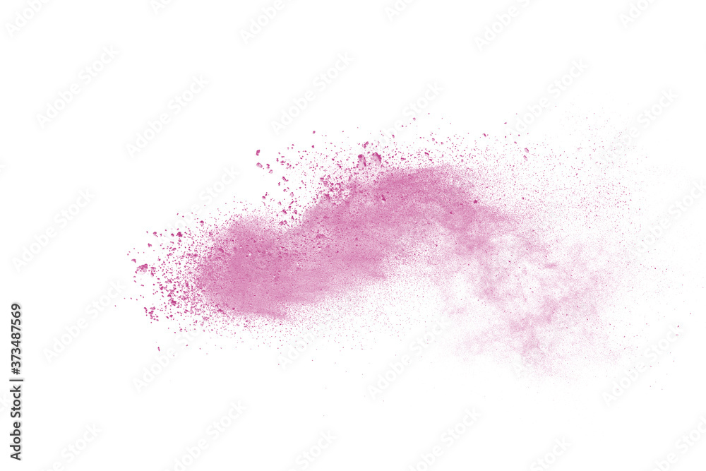 Pink powder explosion on white background. Colored cloud. Colorful dust explode. Paint Holi.