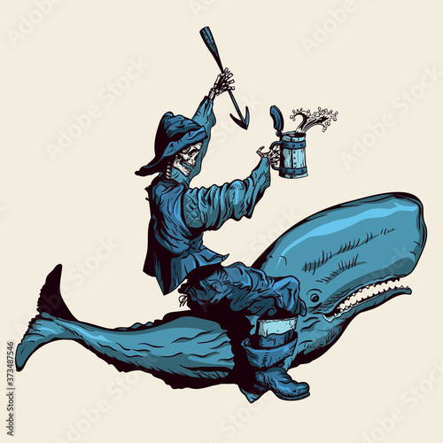Graphic stylization. A cheerful skeleton of a whaler riding a sperm whale. With a harpoon and a mug of rum in his hands. photo