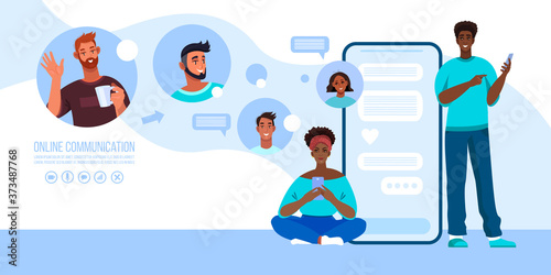 Group chat or virtual meeting banner with young diverse students, smartphone screen, users’ avatars. Online teamwork and internet communication illustration. Group chat concept with smiling people