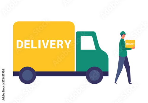 Vector illustration for the online delivery service concept. Truck and delivery man.
