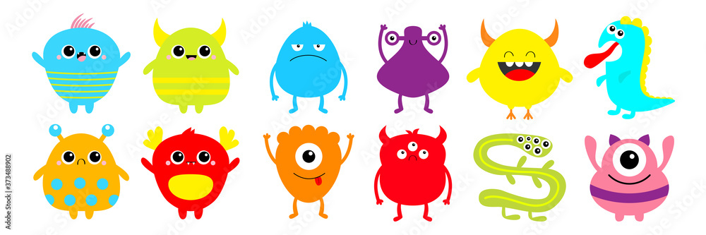 Monster set. Happy Halloween. Cute cartoon kawaii colorful sad character icon. Eyes, horns, hands up, tongue. Funny baby collection. Isolated. White background. Flat design.
