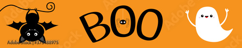 Happy Halloween banner. Flying ghost spirit. Bat hanging. Boo text with hanging spider. Cute cartoon scary spooky character. Smiling face, hands. Orange background. Greeting card. Flat design.
