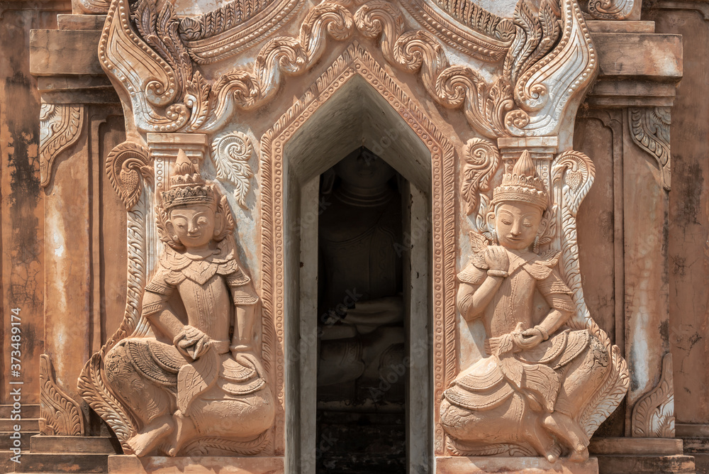 Detail of a temple at Shwe Indein pagoda, Inle lake, Burma, Myanmar