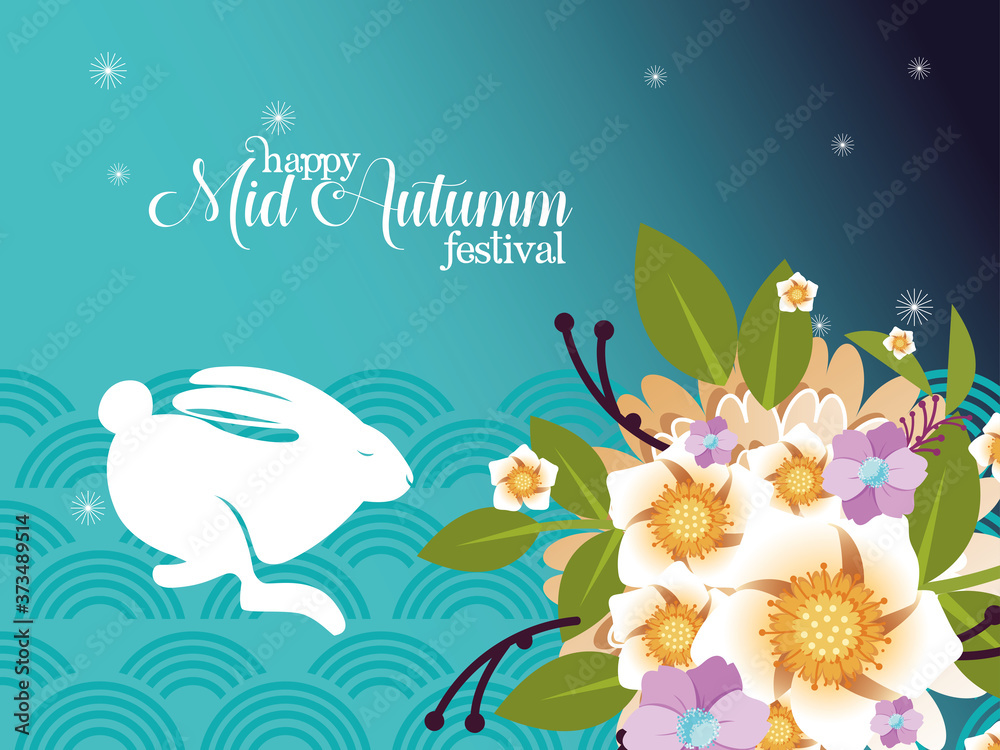 Fototapeta premium white rabbit and flowers with leaves circle of happy mid autumn festival vector design