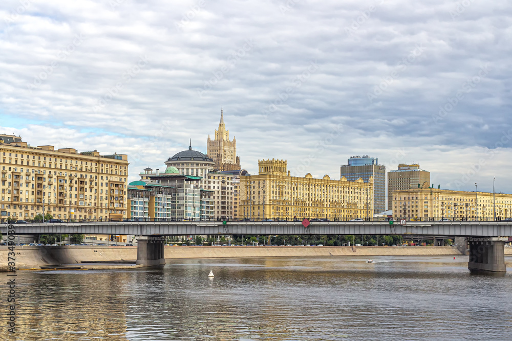 Embankment with the Novoarbatsky bridge, the British Embassy and the spire of the Ministry of foreign Affairs Embankment with the Novoarbatsky bridge, the British Embassy and the spire of the Ministry of foreign Affairs
