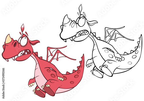 Vector Illustration of a Cute Cartoon Character Dragon for you Design and Computer Game. Coloring Book Outline Set