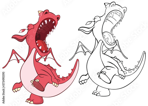 Vector Illustration of a Cute Cartoon Character Dragon for you Design and Computer Game. Coloring Book Outline Set