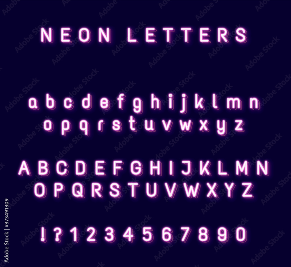 Glowing pink neon letters set Glowing pink neon letters set