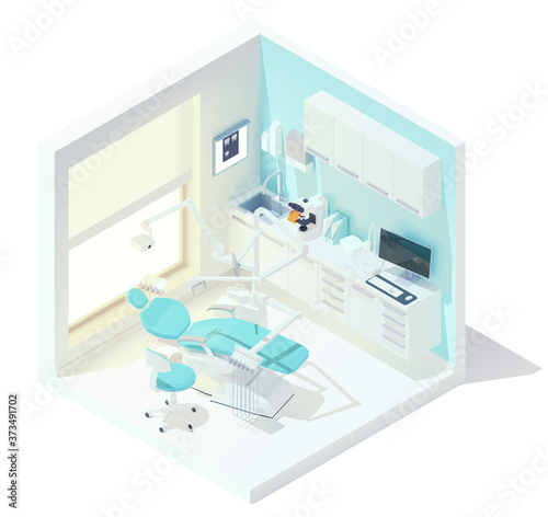 Vector isometric low poly dental office. Includes dental chair, x-ray illuminator and other equipment