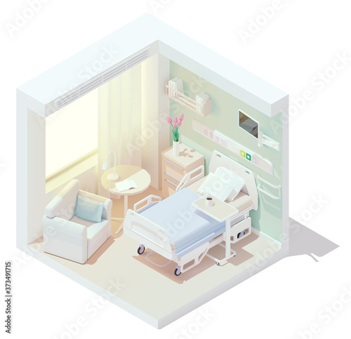 Vector isometric low poly cozy hospital room. Clinic interior. Hospital bed, seat for visitor, heart rate monitor and other equipment © Taras Livyy
