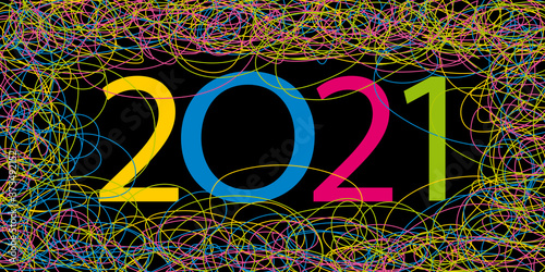 Carte de vœux artistique originale pour l’année 2021 avec un graphisme tendance fait de traits colorés sur un fond noir.