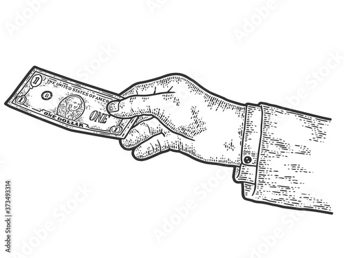 The hand transfers one dollar. Sketch scratch board imitation. Black and white.