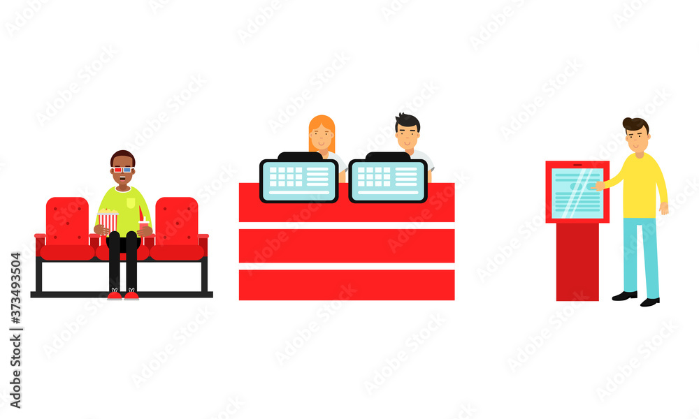 Male Character Buying Ticket in Automated Device and Watching Movie in Cinema Vector Illustration Set Male Character Buying Ticket in Automated Device and Watching Movie in Cinema Vector Illustration Set