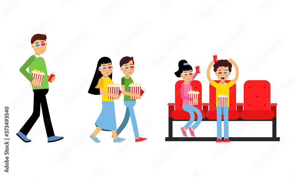 People Characters Holding Popcorn and Watching Movie in Cinema Vector Illustration Set