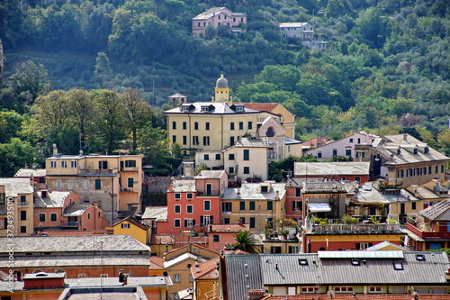 Beautiful daylight view to green mountains and buildings of Levanto, Italy. Cinque Terre beauties photo