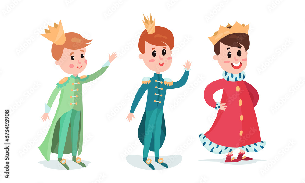 Smiling Little Prince with Golden Crown Wearing Carnival Suit Vector Illustration Set