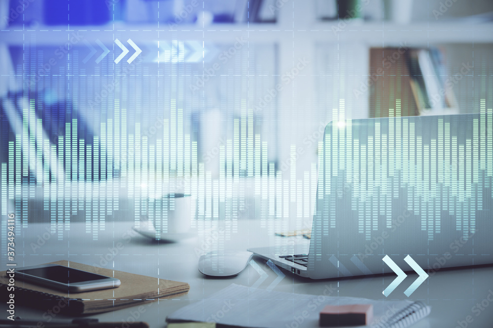 Forex market chart hologram and personal computer background. Double exposure. Concept of investment. Forex market chart hologram and personal computer background. Double exposure. Concept of investment.