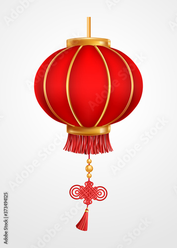 Realistic vector illustration of a red Chinese lantern isolated on a light background. Traditional oriental decoration for asian celebration and festival