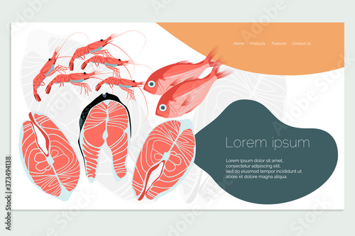 Organic fresh seafood landing page template. Healthy nutritious marine products assortment. Fish market, store, restaurant, delivery service website, homepage design cartoon vector illustration