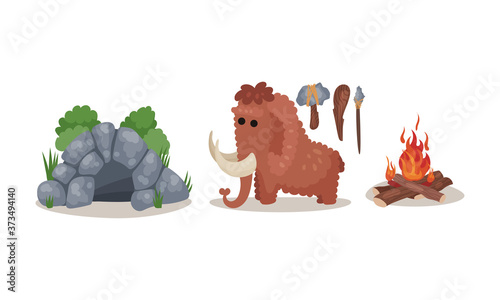 Stone Age Primitive Tools and Cave Vector Set