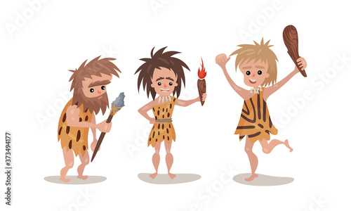 People Characters from Stone Age Wearing Animal Skin and Holding Primitive Tools Vector Illustration Set